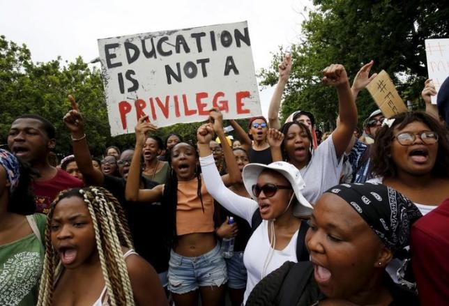 Students protest over planned increases in tuition fees in Stellenbosch, October 23, 2015. REUTERS/Mike Hutchings